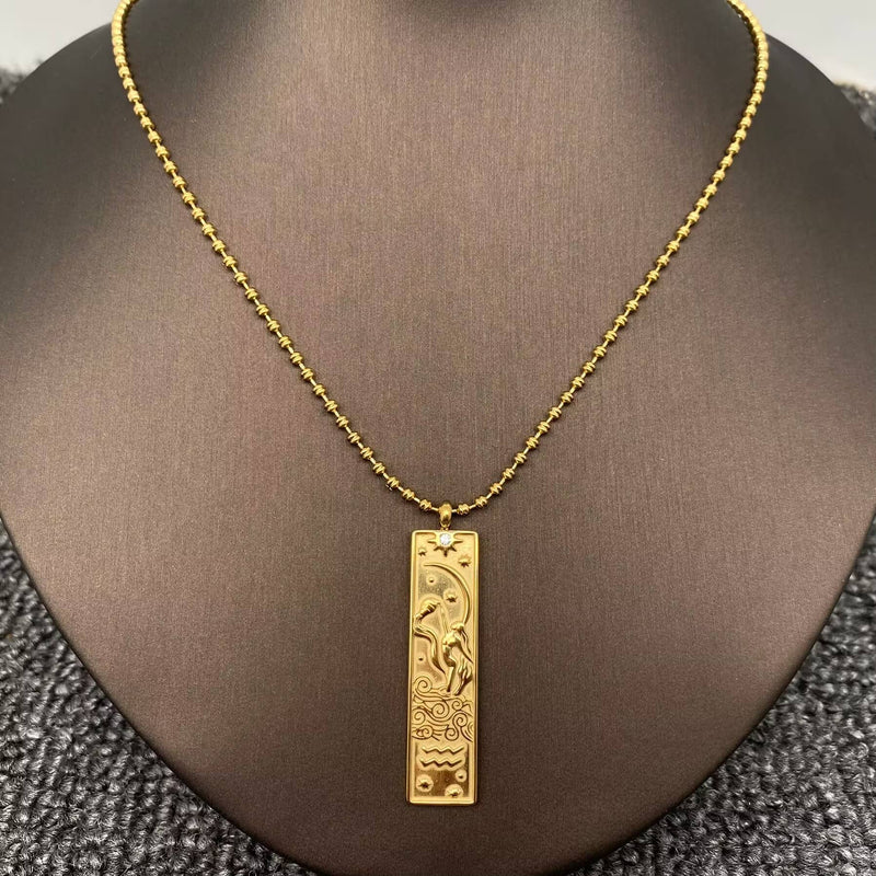18K Gold Plated Rectangular Zodiac Sign Charm Necklace -