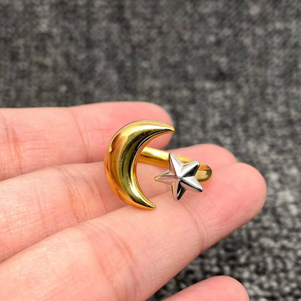 Adjustable 18k Plated Two Tone Star Moon Ring