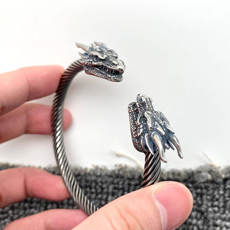 Double Dragon Head Stainless Steel Cuff Bangle