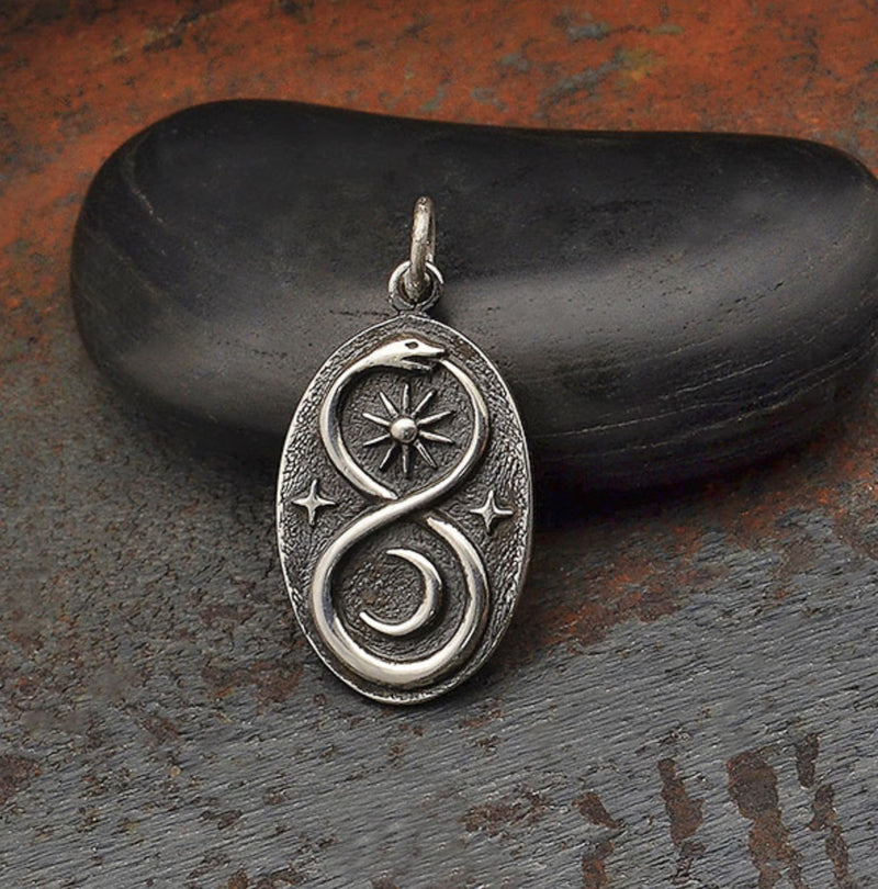 Silver Infinity Snake Pendant with Sun and Moon