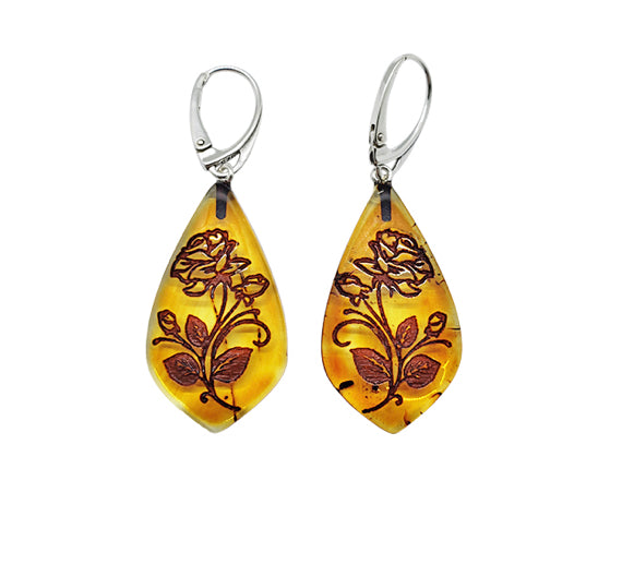 Rose Cameo Amber Sterling Silver Earrings On Hooks