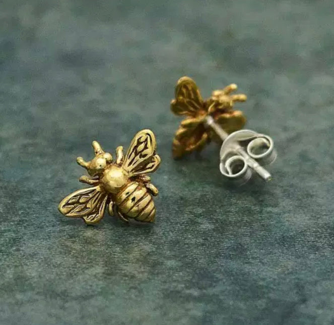 Bronze Bee Stud Earrings with Sterling Silver Post