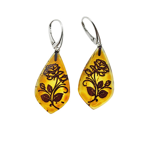 Rose Cameo Amber Sterling Silver Earrings On Hooks