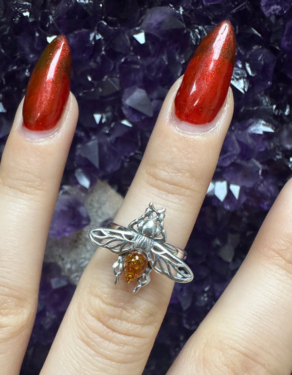 Cognac Amber Bee Ring Sterling Silver