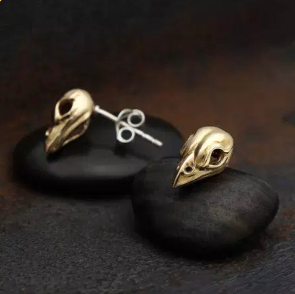 Bronze Sparrow Skull Post Earrings - Sterling Silver Post and Backing