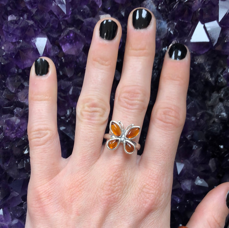 Cognac Amber Sterling Silver Butterfly Adjustable Ring