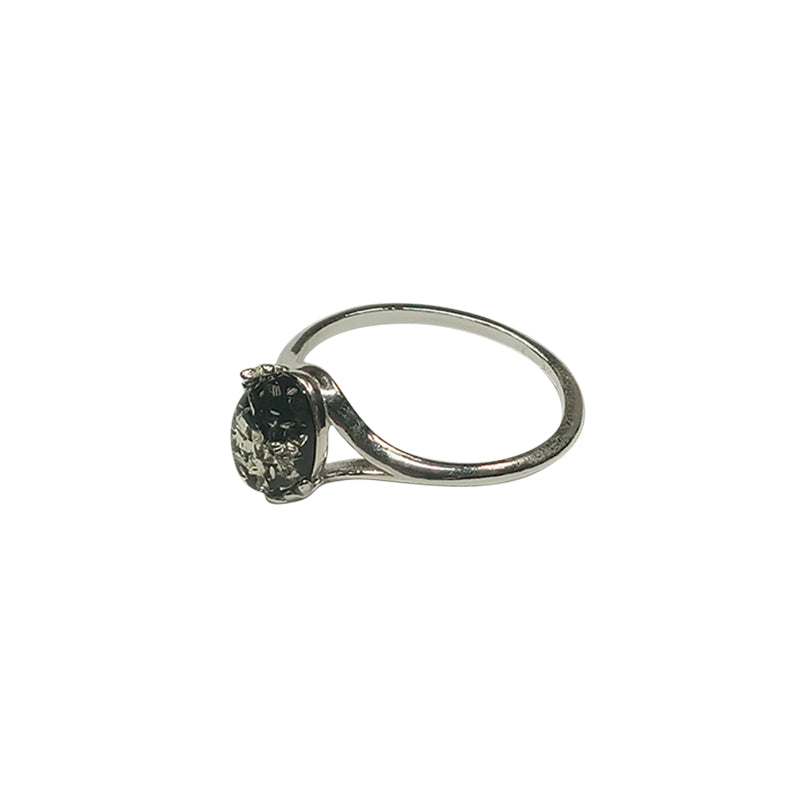 Green Amber / Flower Design Sterling Silver Ring