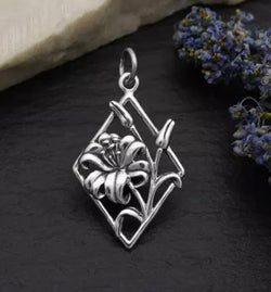 Sterling Silver Lily Charm in Diamond Frame 27x15mm