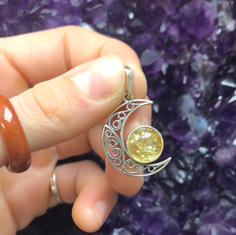 Citrine Amber Sterling Silver Moon Pendant