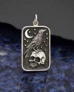 Sterling Silver Skull and Raven Pendant 29x15mm