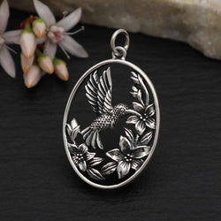 Sterling Silver Flowers and Hummingbird Pendant