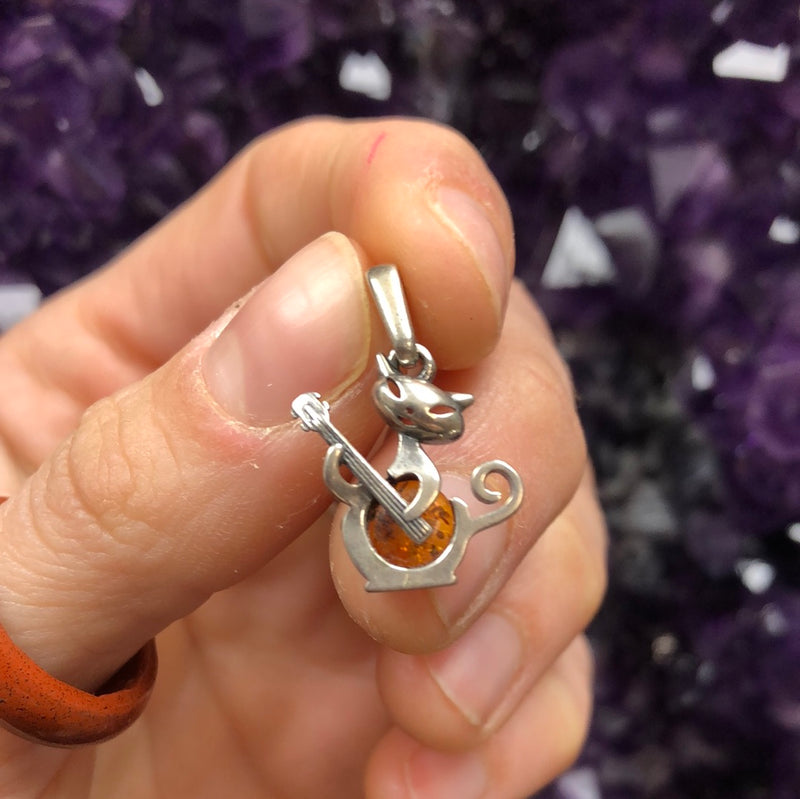 Baltic Amber Cat Playing Banjo Sterling Silver Pendant