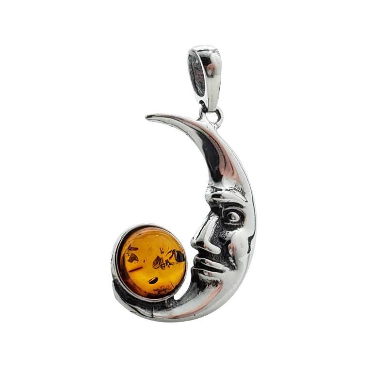Cognac Amber Sterling Silver Crescent Moon Pendant