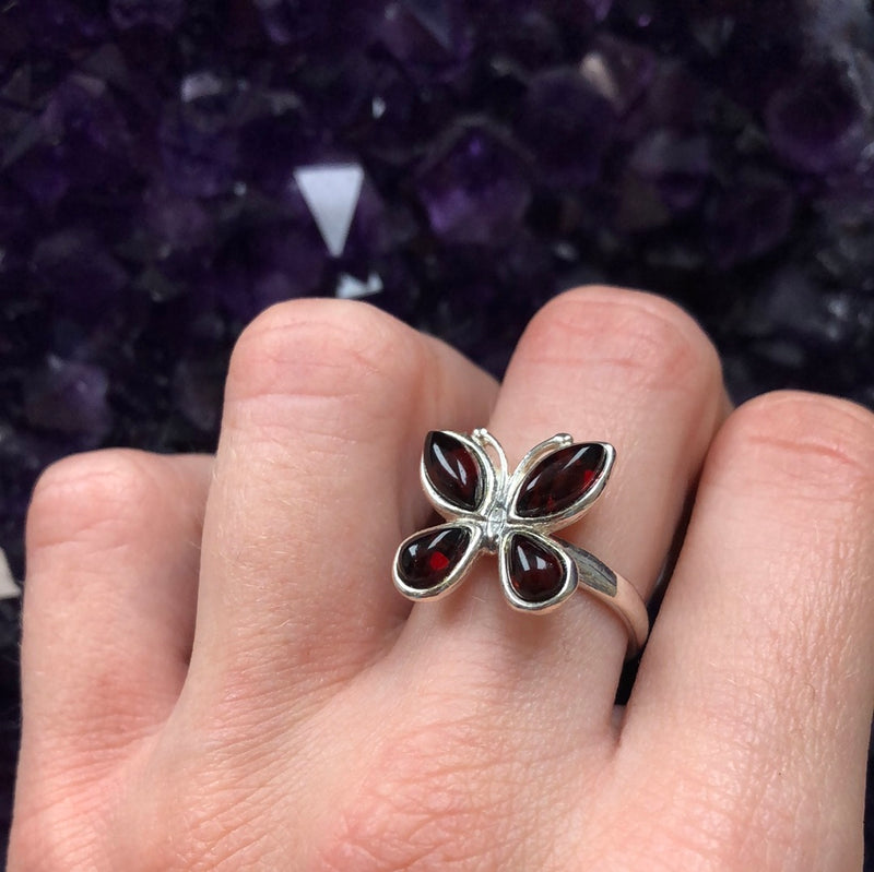 Cherry Baltic Amber Sterling Silver Butterfly Adjustable Ring