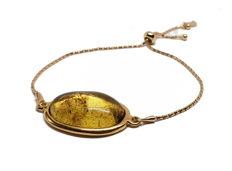 Natural Color Amber 14K Gold Plated Lariat / Slider Bracelet