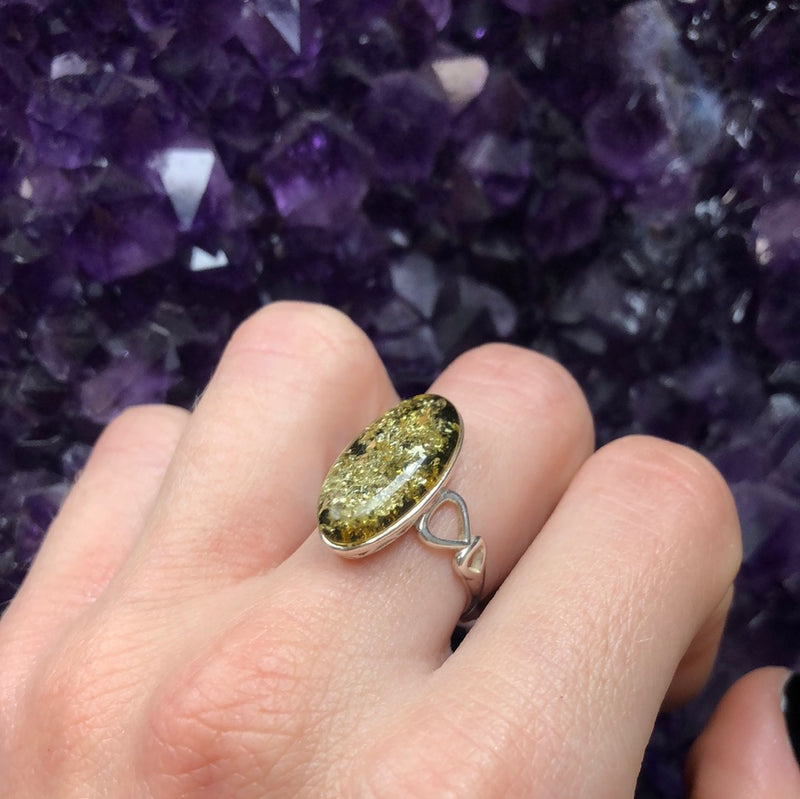 Green Amber Sterling Silver Ring