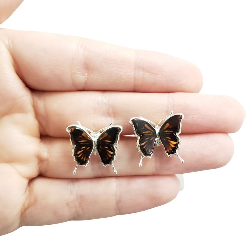 Cameo Amber Sterling Silver Butterfly Stud Earrings