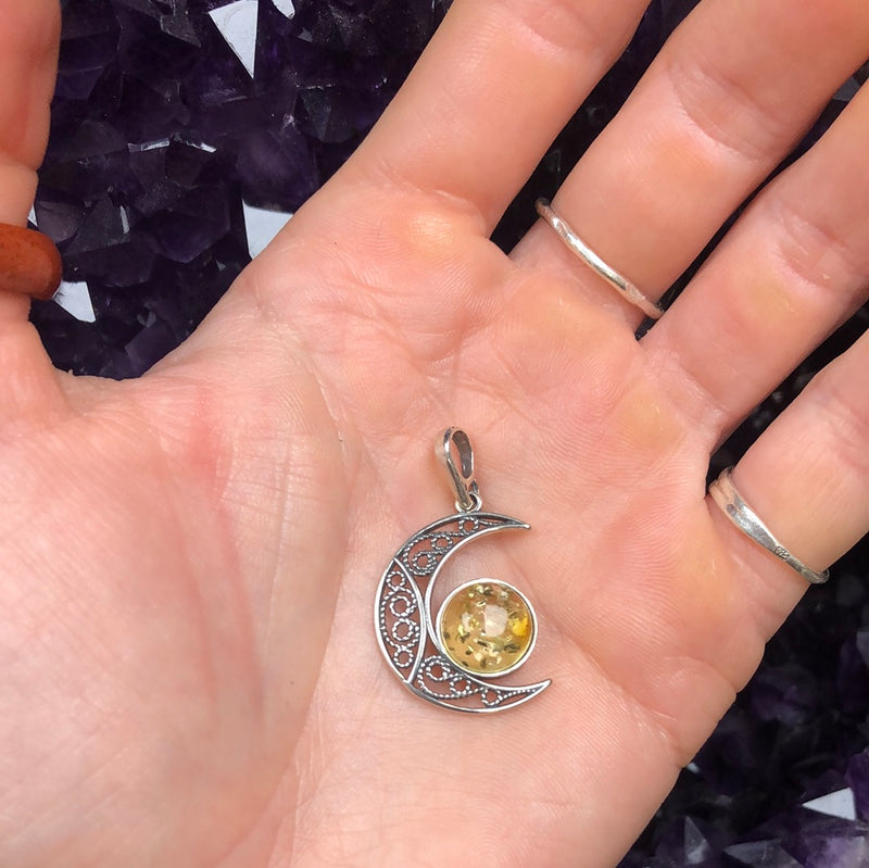 Citrine Amber Sterling Silver Moon Pendant