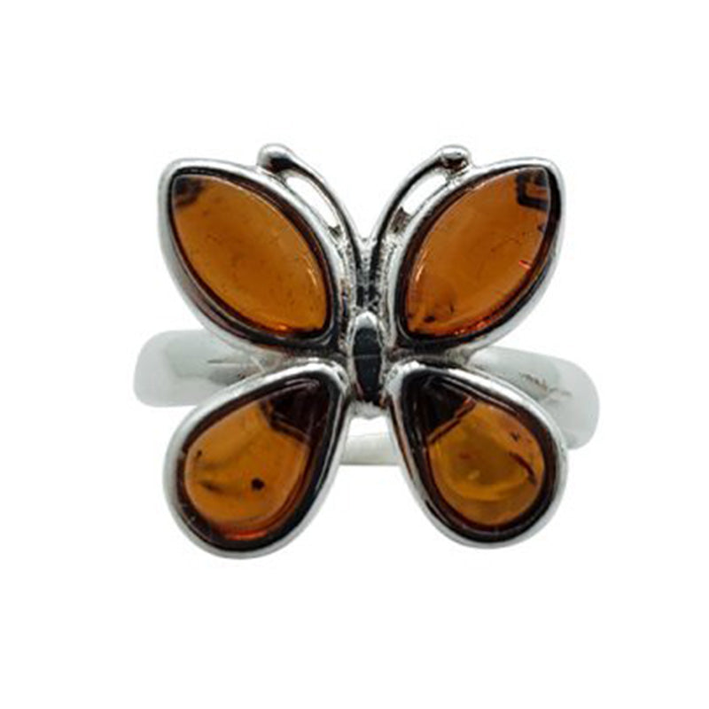 Cognac Amber Sterling Silver Butterfly Adjustable Ring