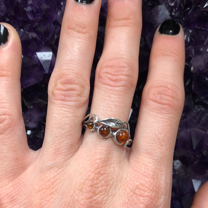 Cognac Amber Sterling Silver Ring