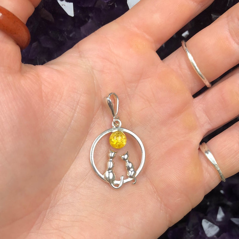 Citrine Amber Sterling Silver Cats Pendant