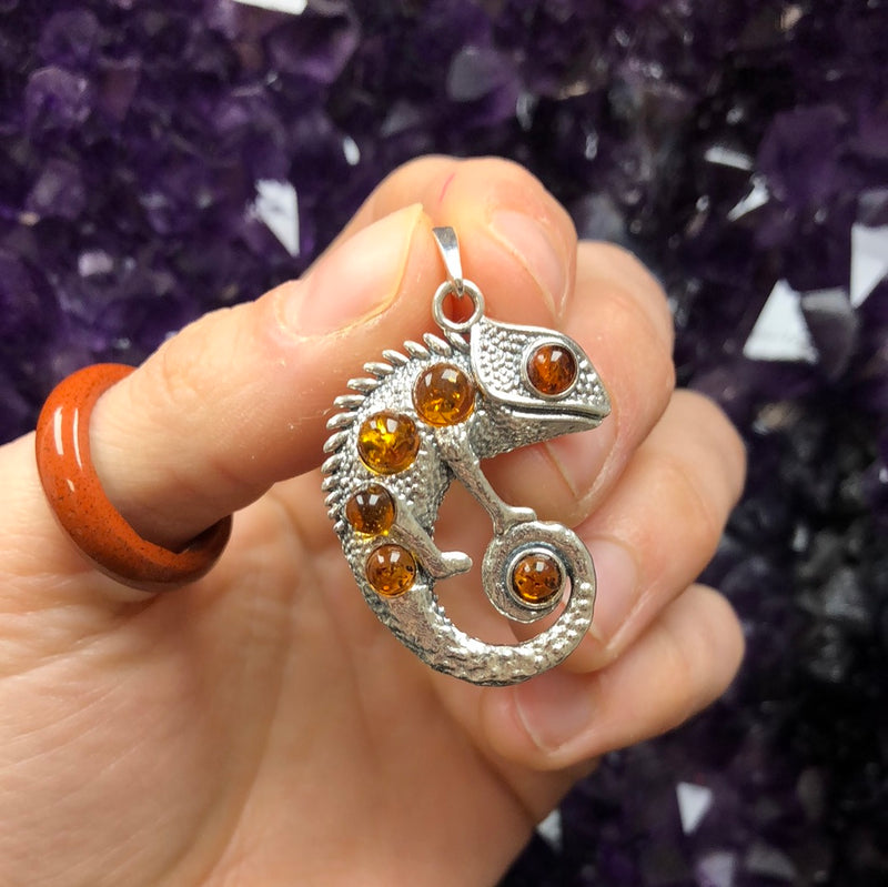 Baltic Amber Chameleon Sterling Silver Pendant - Small