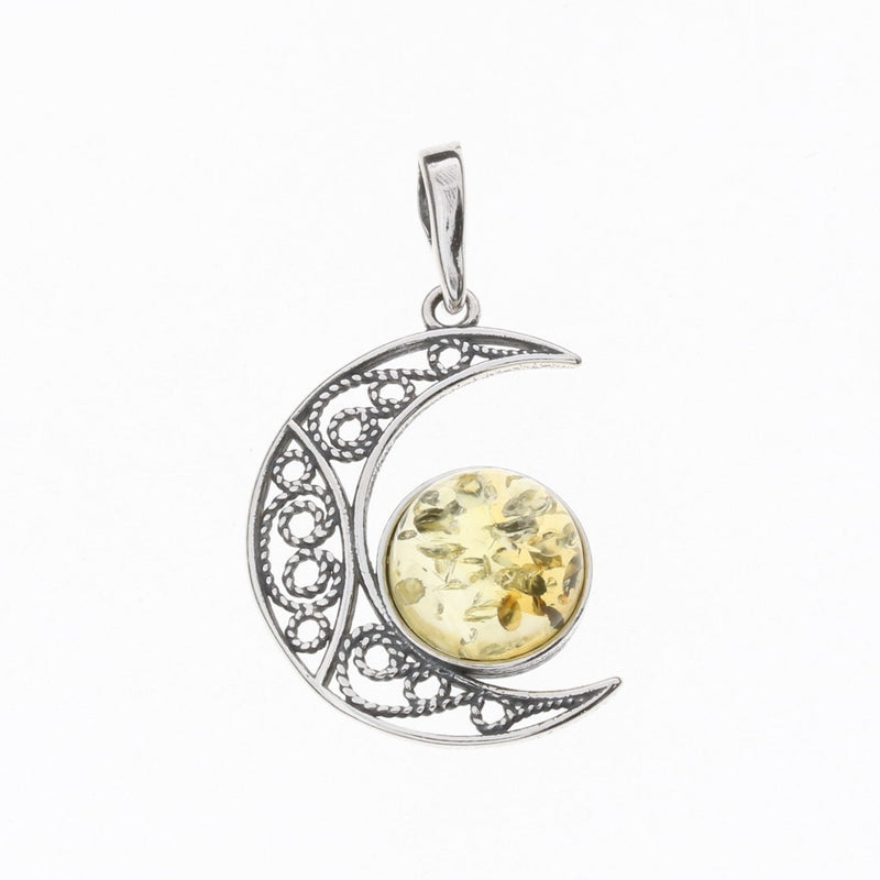 Citrine Amber Sterling Silver Moon Pendant
