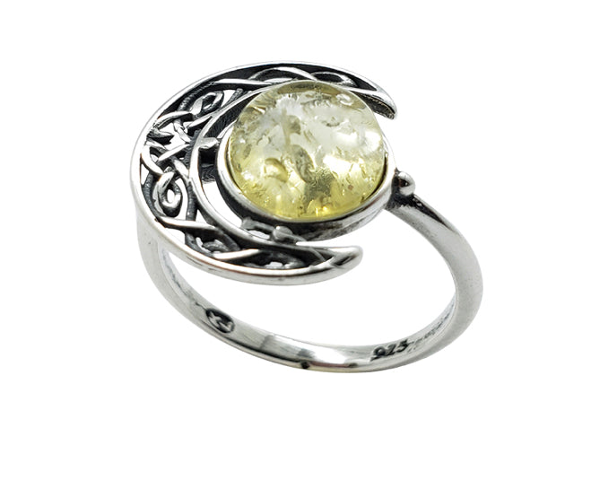 Citrine Amber Sterling Silver Moon Ring