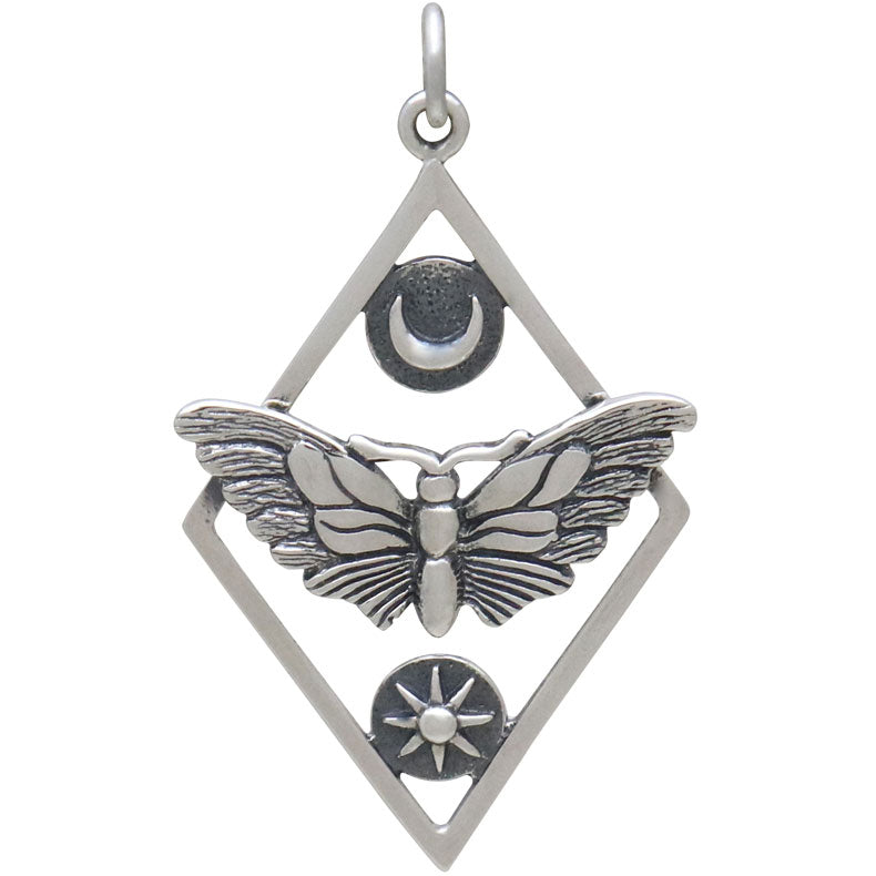 Sterling Silver Geometric Moth Charm with Sun and Moon Pendant