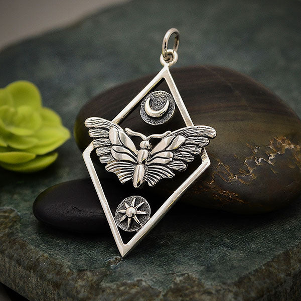 Sterling Silver Geometric Moth Charm with Sun and Moon Pendant