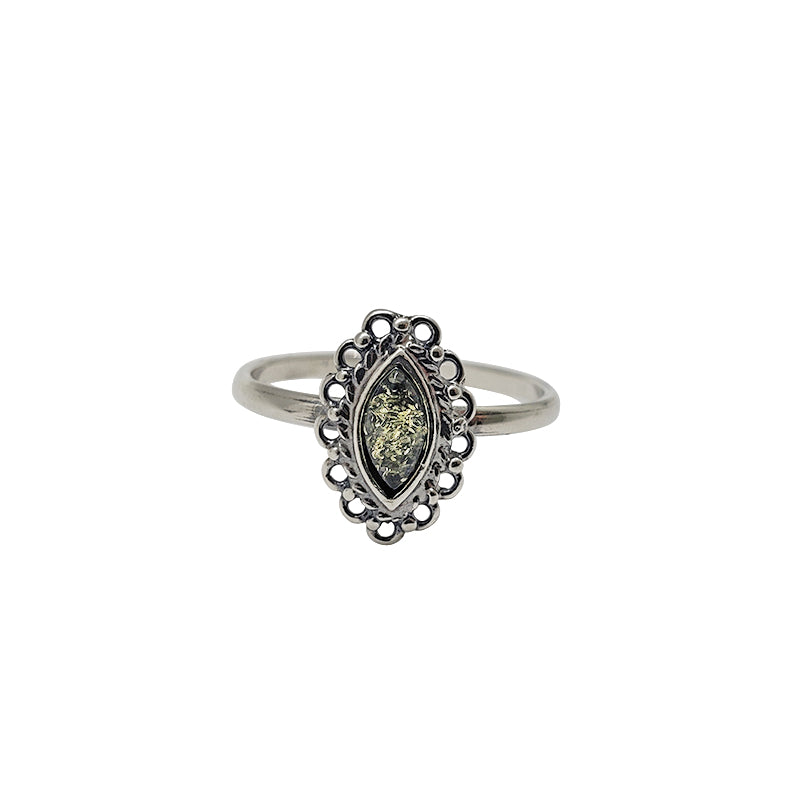 Green Amber Sterling Silver Ornate Ring
