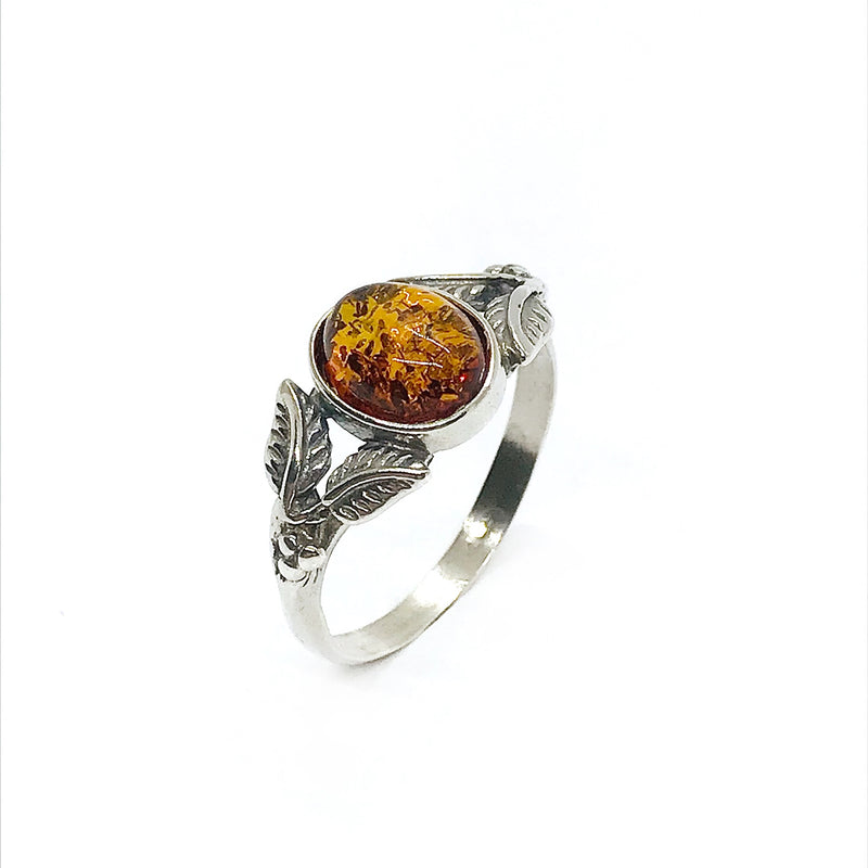 Cognac Amber Oxidized Silver Leaf Design Ring