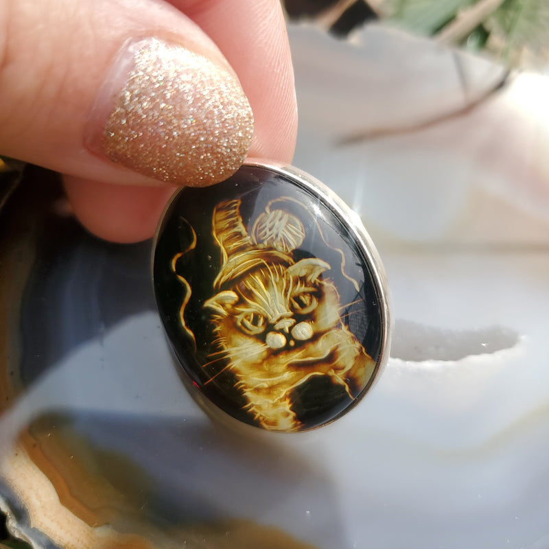 Cat with Yarn - Carved Baltic Amber Pendant set in Sterling Silver