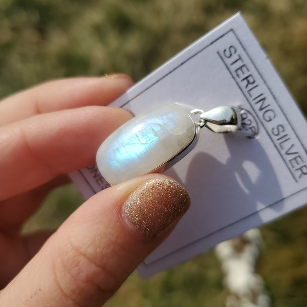 Rounded Rectangle Rainbow Moonstone set in Sterling Silver Crystal Pendant