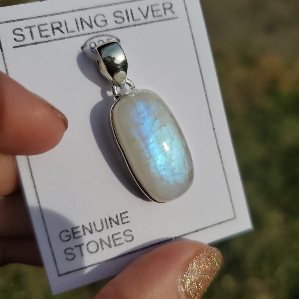Rounded Rectangle Rainbow Moonstone set in Sterling Silver Crystal Pendant