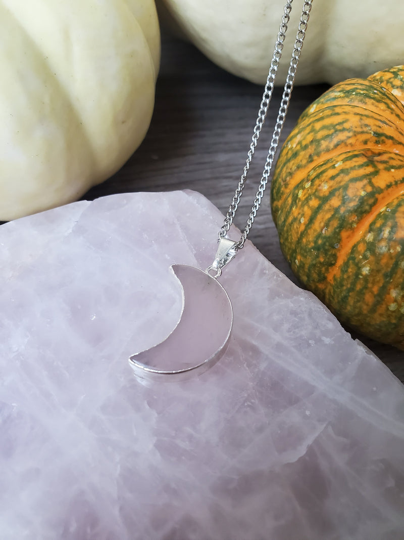 Rose Quartz Moon Necklace - Silver