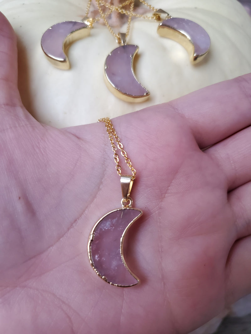 Rose Quartz Moon Necklace - Gold