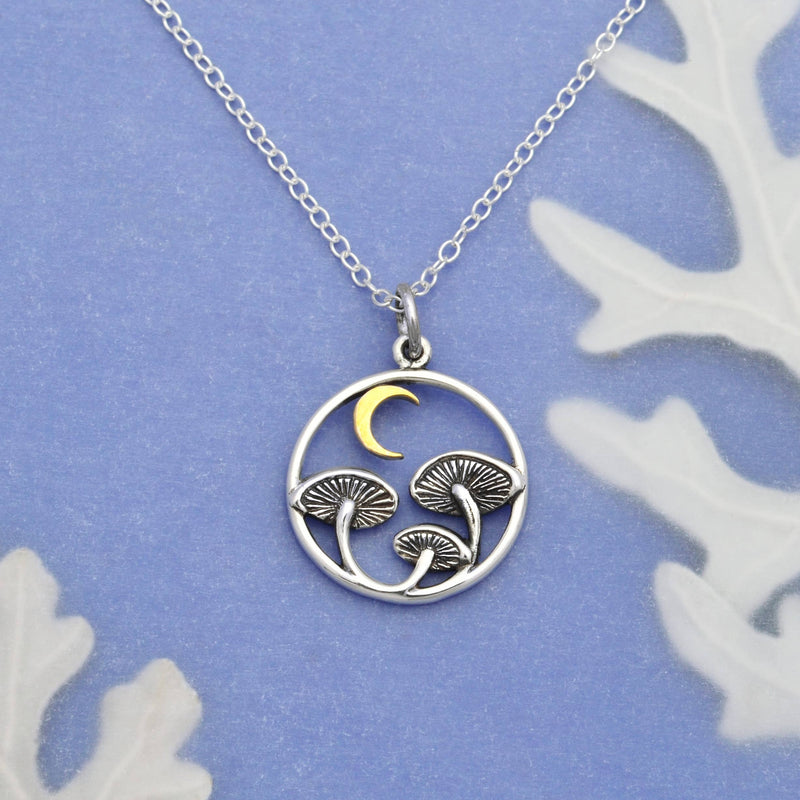 Sterling Silver 18 Inch Mushroom Necklace with Bronze Moon