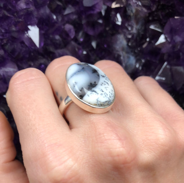 Dendritic Agate Sterling Silver Ring - Size 7.25