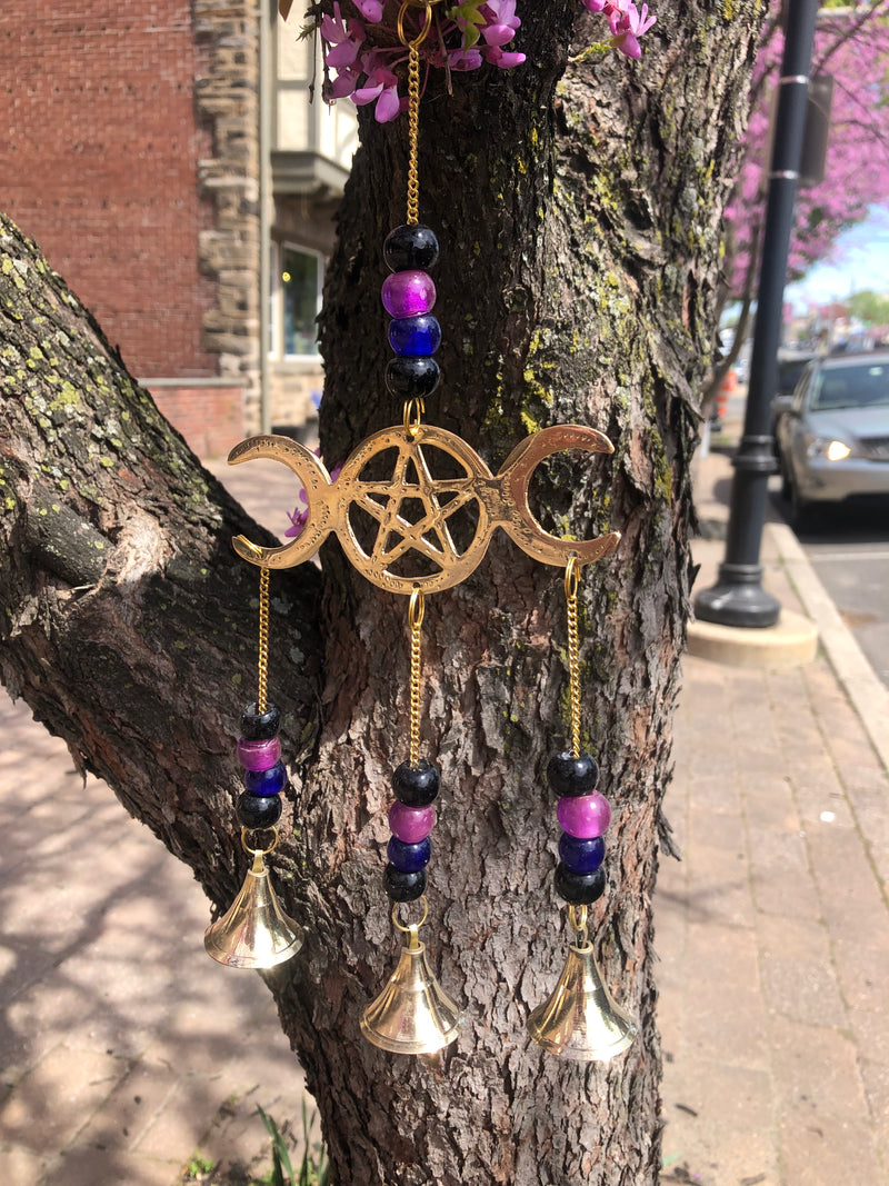 Brass Bell Wind Chime Triple Moon with Pentacle