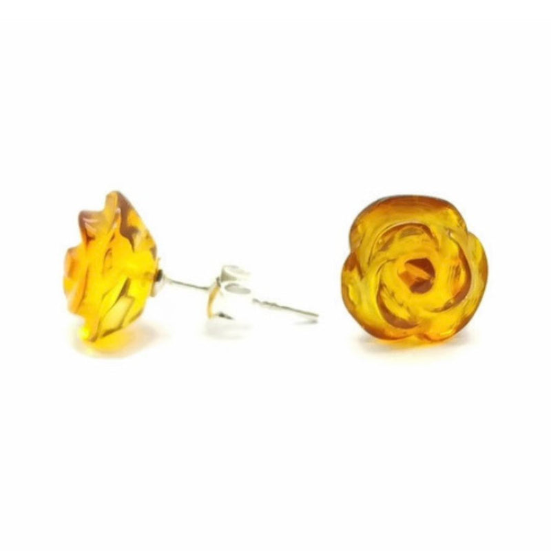 Baltic Amber Carved Rose Sterling Silver Earrings