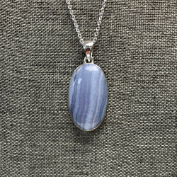 Blue Lace Agate Oval Pendant - Sterling Silver