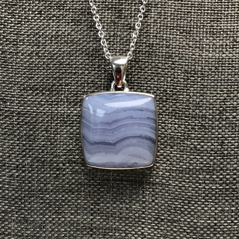 Blue Lace Agate Square Pendant - Sterling Silver