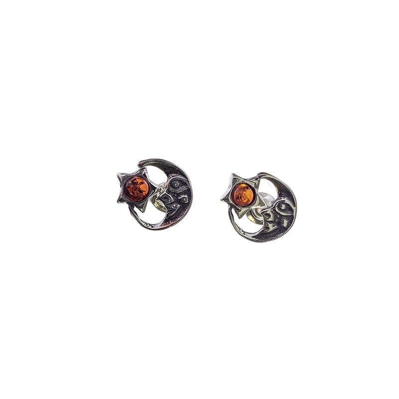 Baltic Amber Moon Face Stud Earrings - Sterling Silver