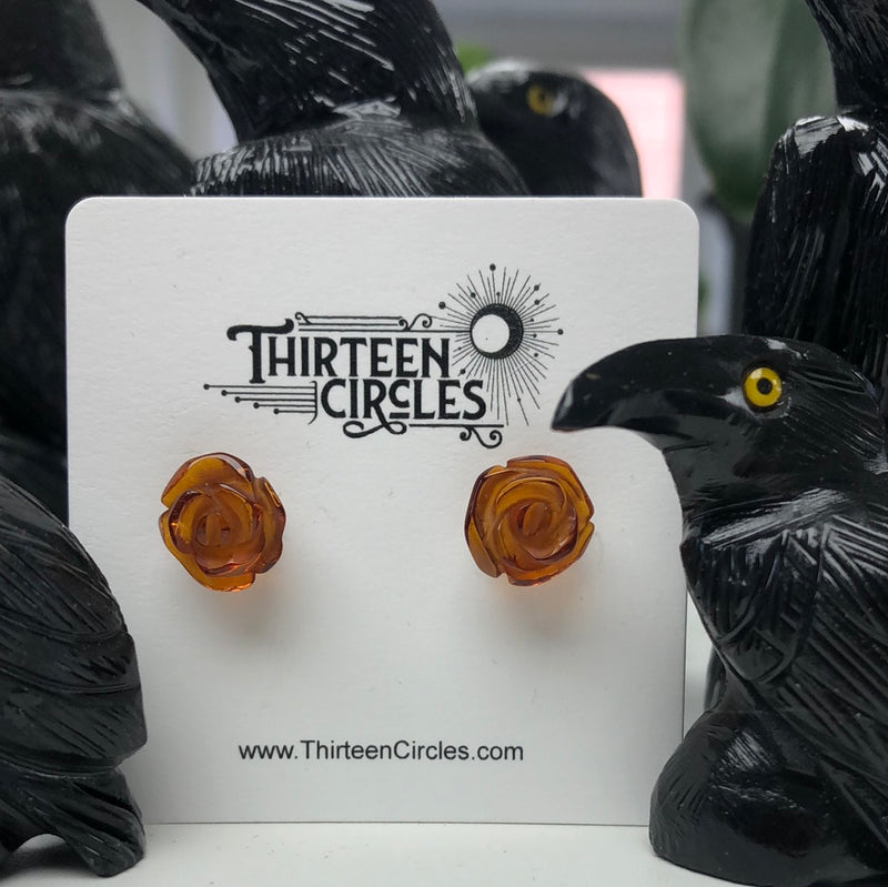 Baltic Amber Carved Rose Sterling Silver Earrings