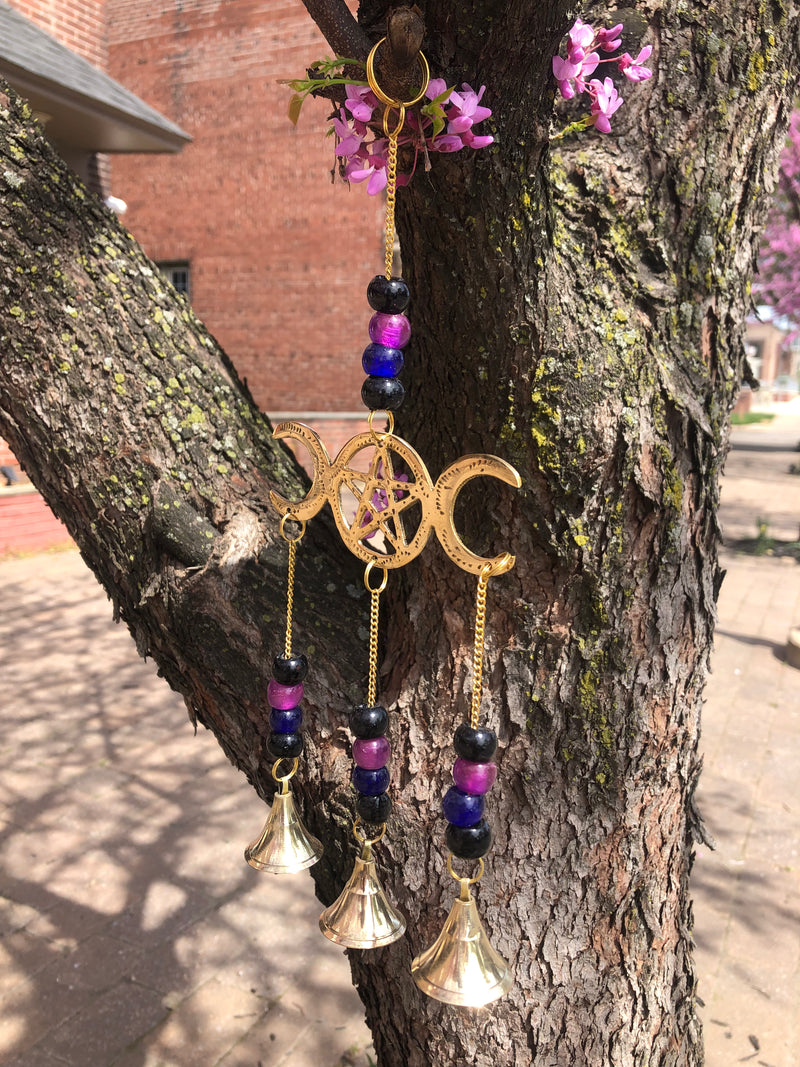 Brass Bell Wind Chime Triple Moon with Pentacle