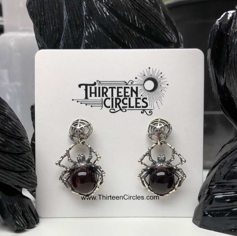 Cherry Amber Spider Dangling on Web Earrings - Sterling Silver