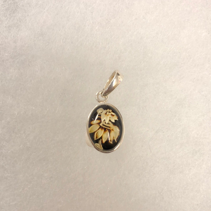 Hand Carved Amber Flower Sterling Silver Pendant