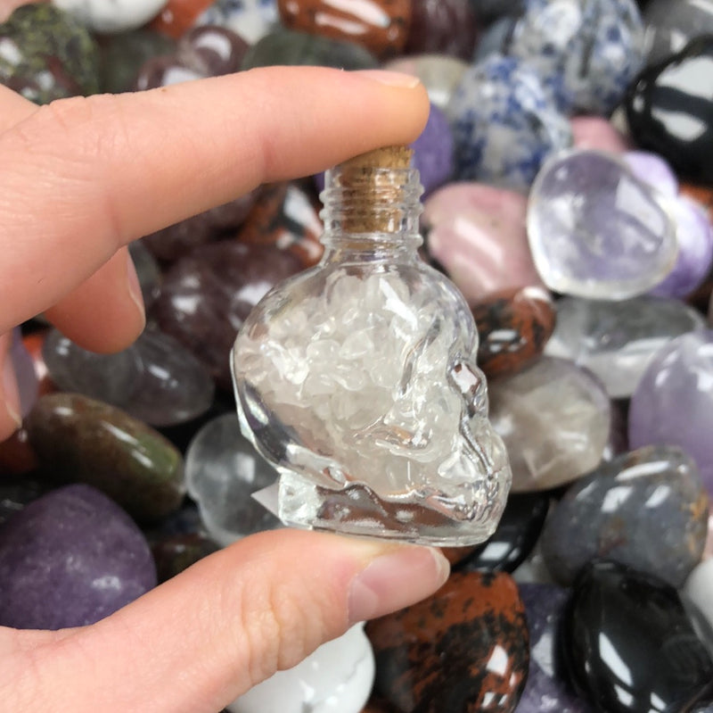 Mini Clear Quartz Chips in Skull Bottle