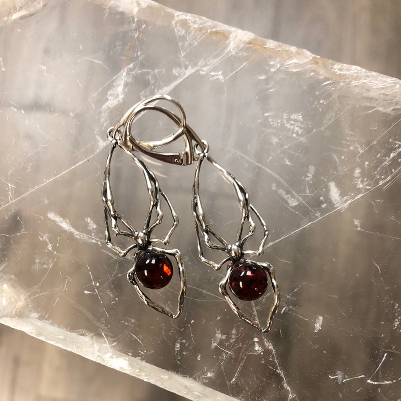 Cherry Amber Spider Dangling Earrings - Sterling Silver